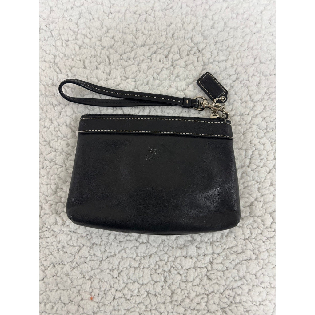 Coach Black Leather Wristlet Pouch Clutch Zip Wallet Wrist Strap Gold Hardware