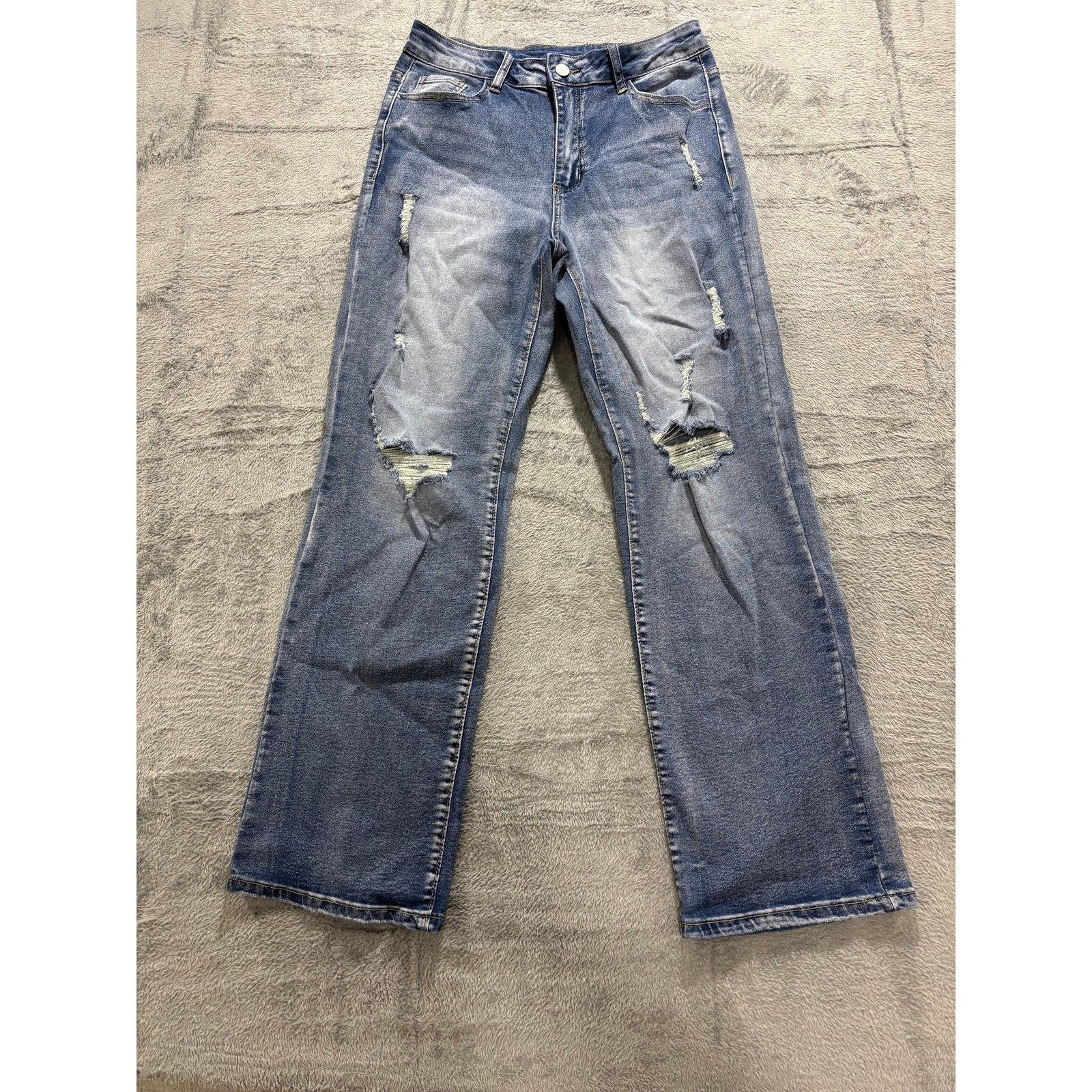 Womens L Blue Distressed Straight Leg Jeans Boho Casual Denim