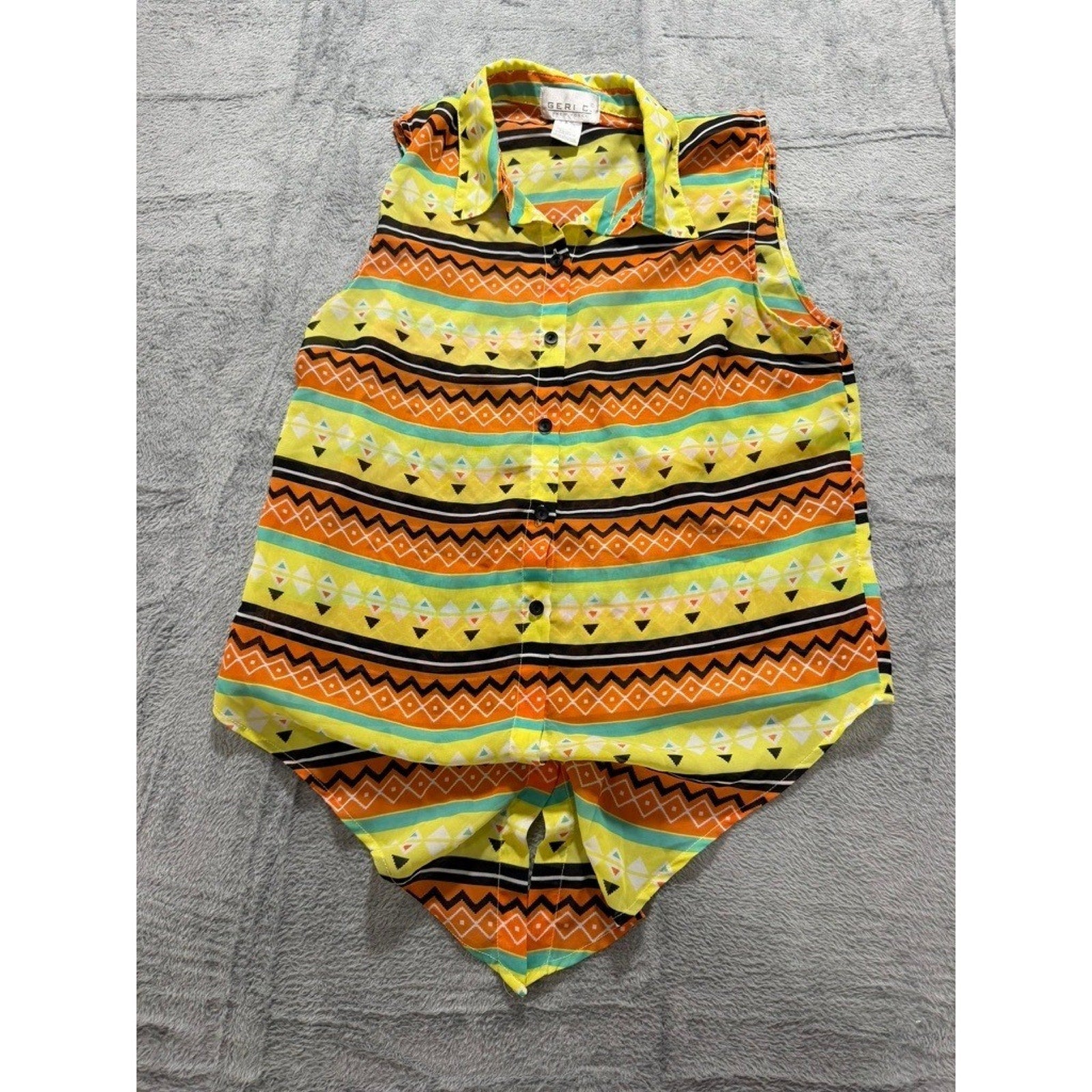 Geri C. New York Womens Sleeveless Geometric Tribal Stripe Button Down Top Large