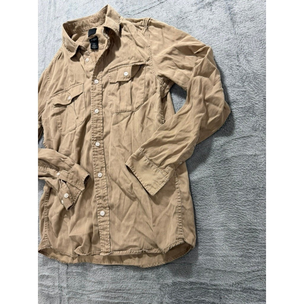 HM Mens Regular Fit Long Sleeve Button Up Utility Shirt Tan Khaki Small