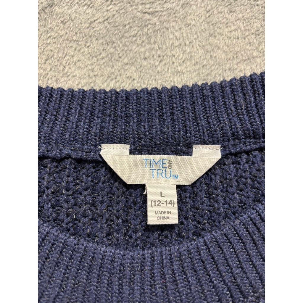 Time and Tru Womens L Navy Blue Waffle Knit Sweater Casual Cozy Pullover