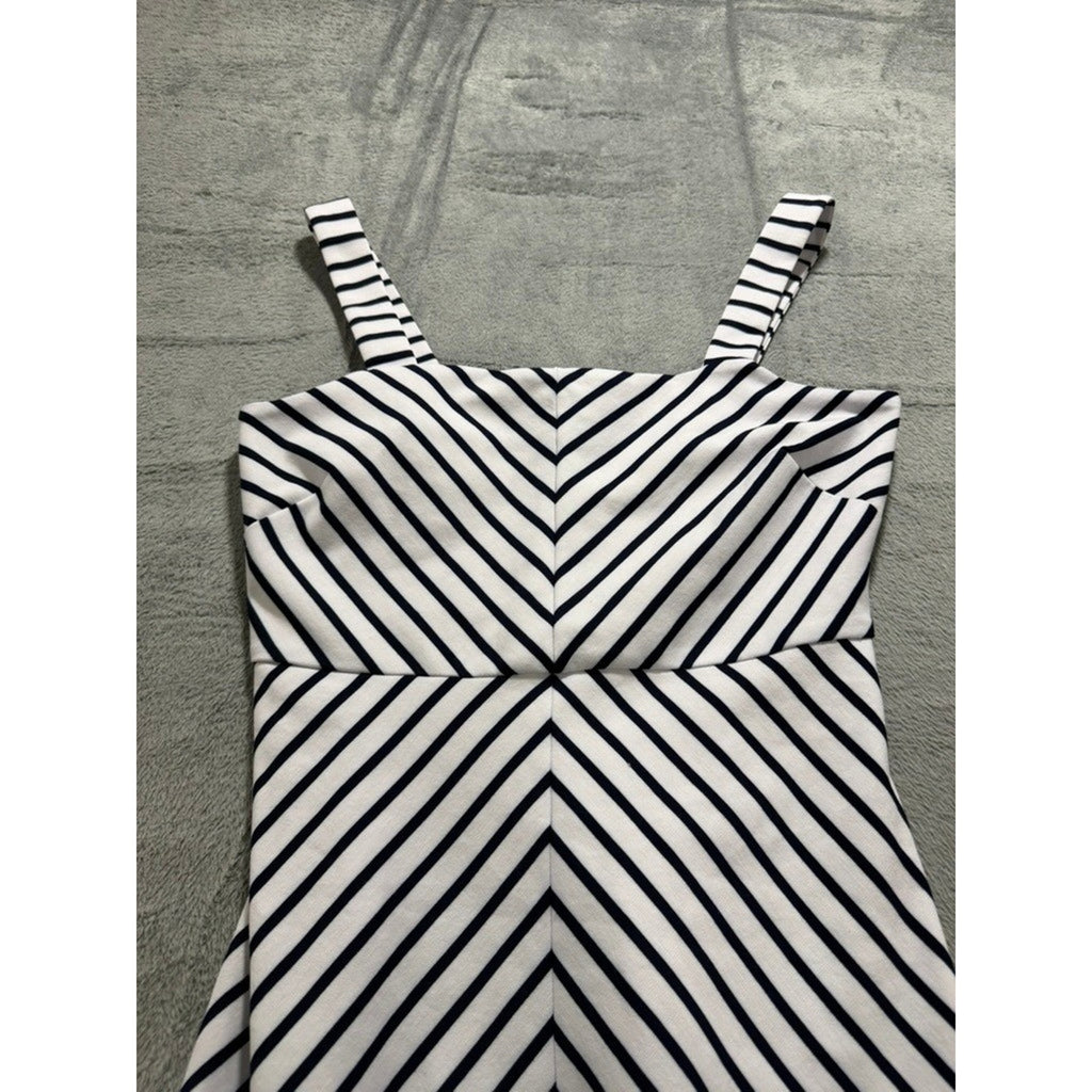 Womens Navy White Chevron Striped Fit Flare Mini Dress Square Neck Sleeveless