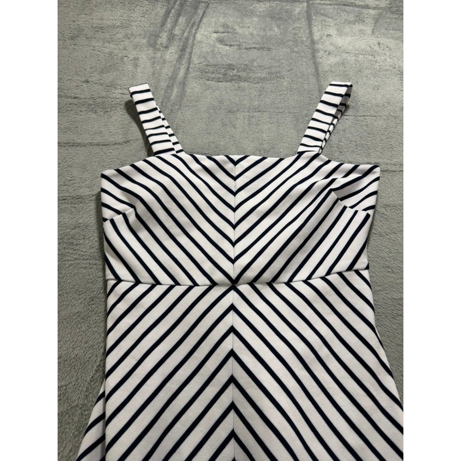 Womens Navy White Chevron Striped Fit Flare Mini Dress Square Neck Sleeveless