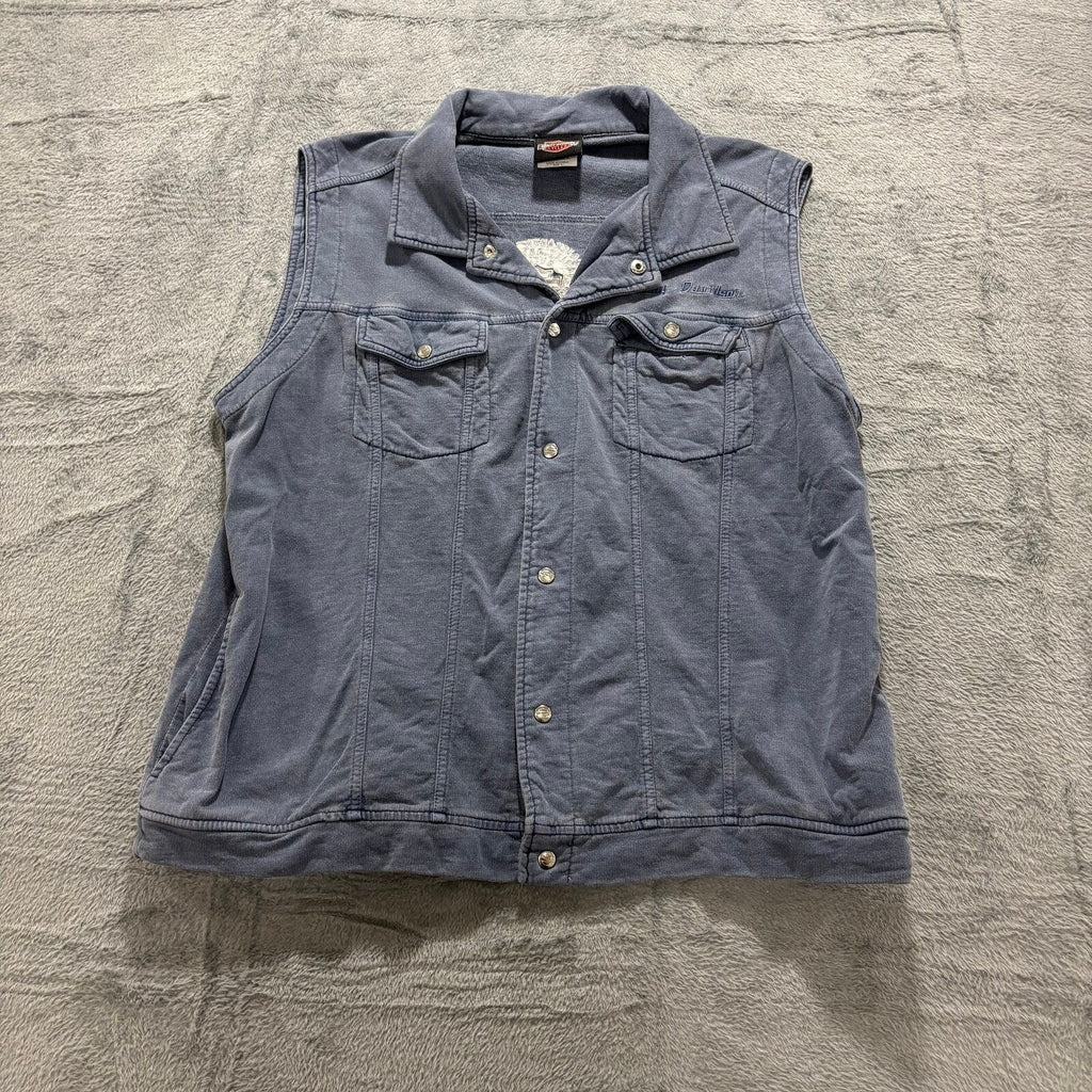 Harley-Davidson Womens L Blue Cotton Snap Front Biker Vest Vintage Casual