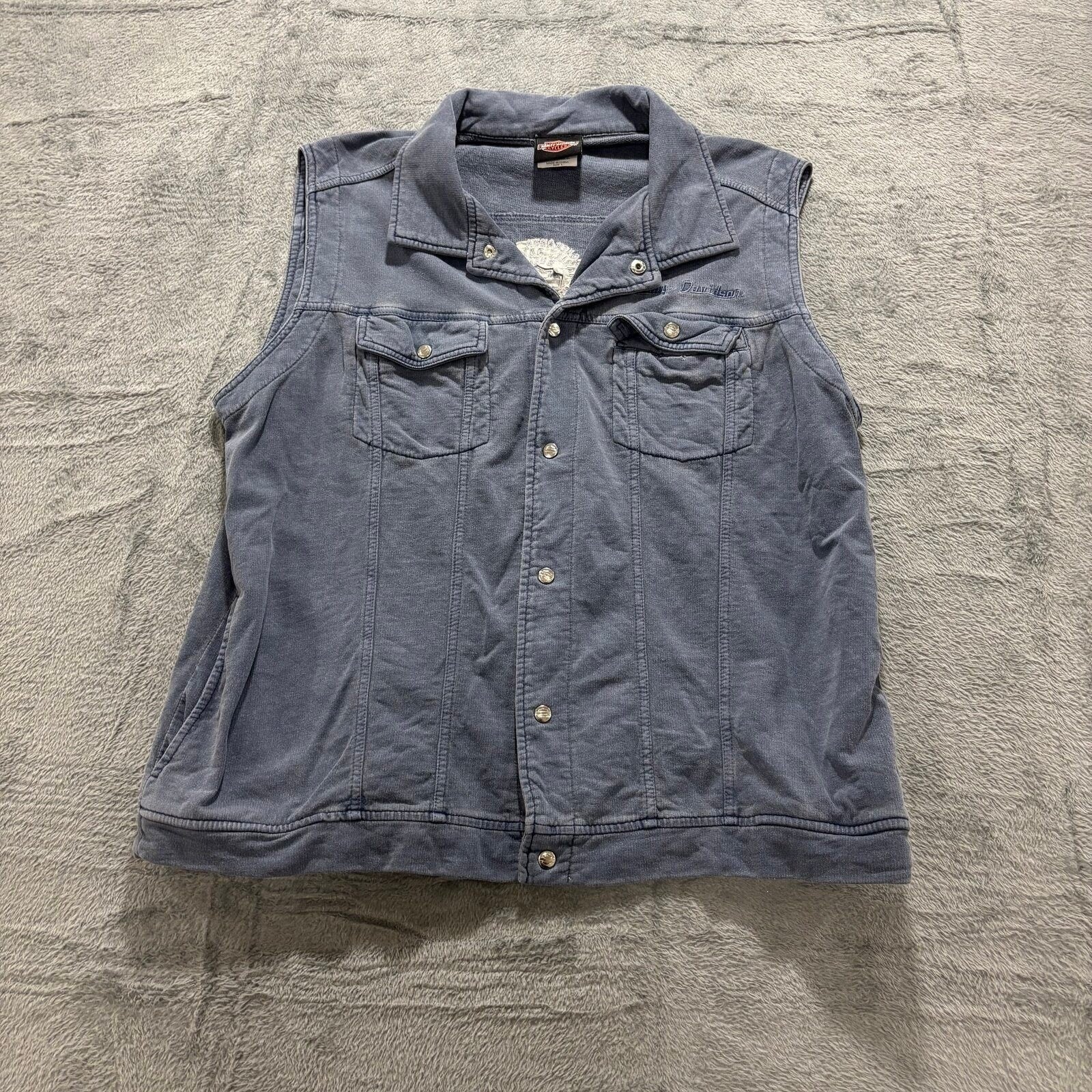 Harley-Davidson Womens L Blue Cotton Snap Front Biker Vest Vintage Casual