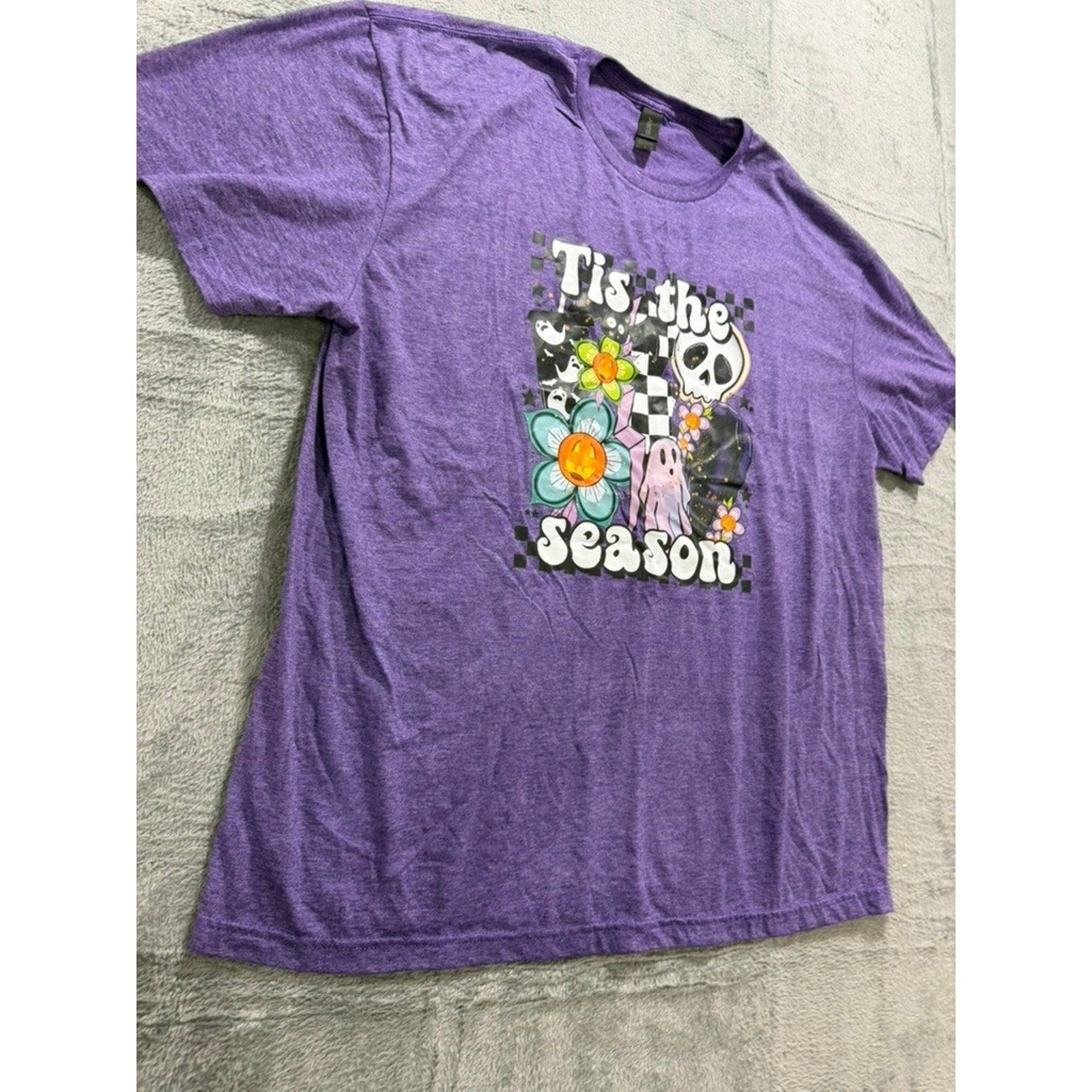 Gildan Softstyle Purple Halloween Tis the Season Graphic T-Shirt XL Womens Skull