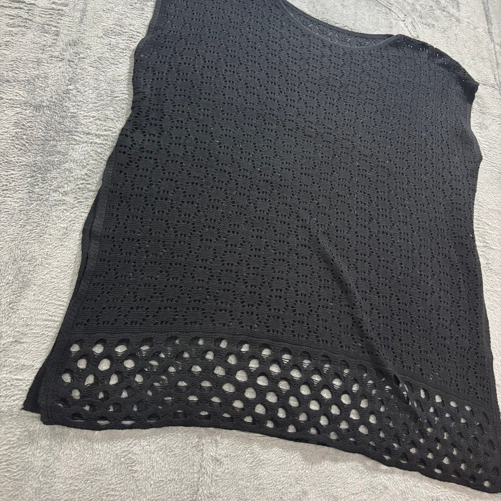 Womens XL Black Crochet Knit Sleeveless Sweater Vest Top Open Weave Boho
