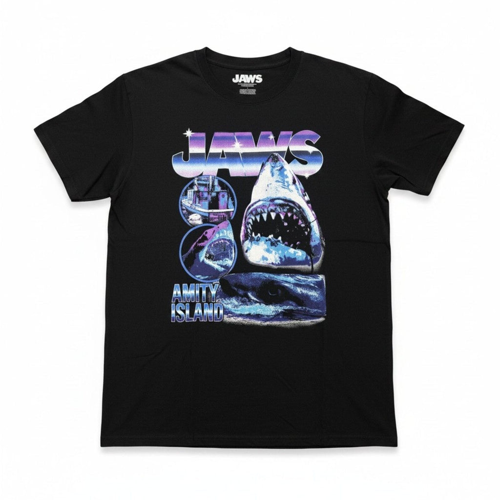 Jaws L Black Womens Graphic T-Shirt Amity Island Retro Vintage Casual