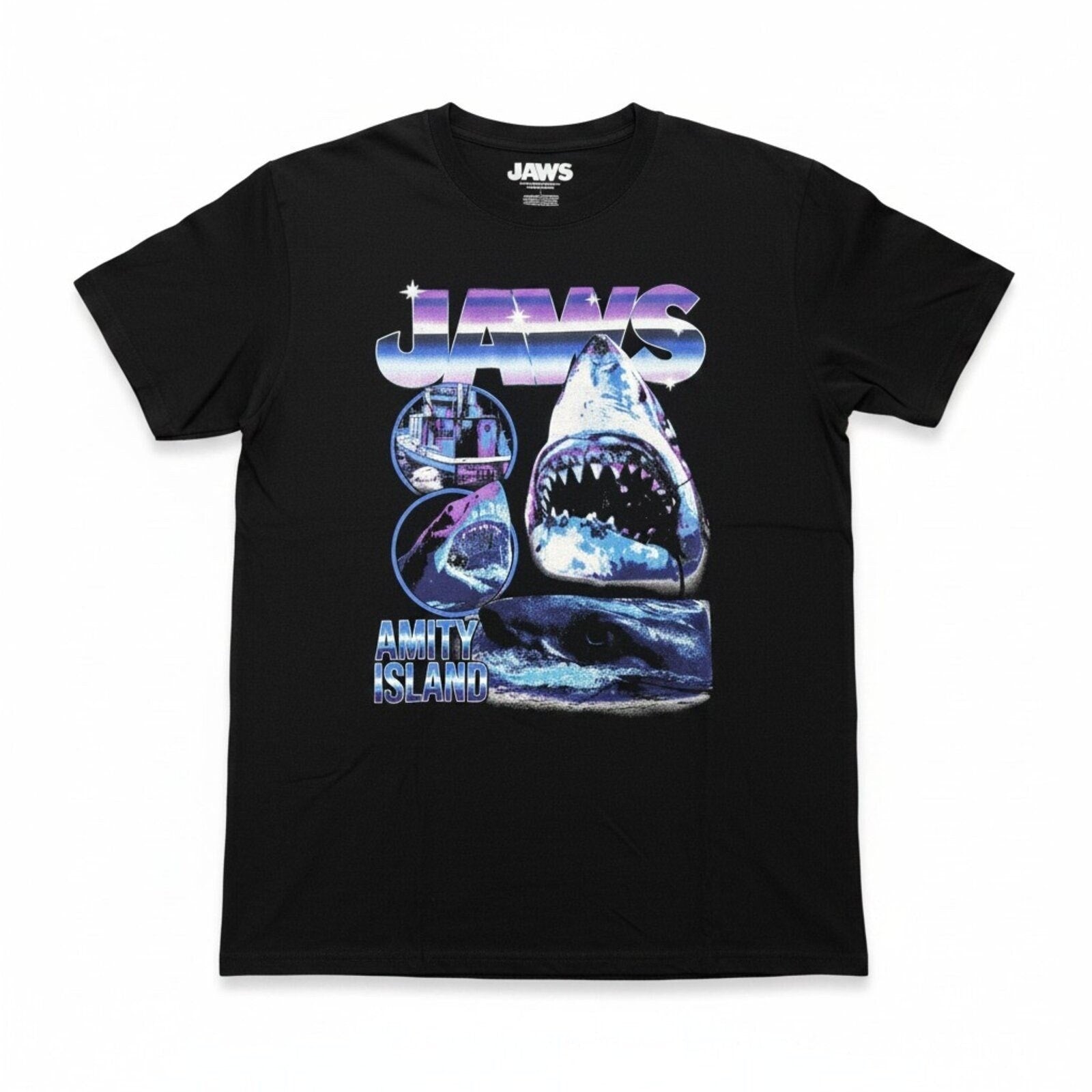 Jaws L Black Womens Graphic T-Shirt Amity Island Retro Vintage Casual