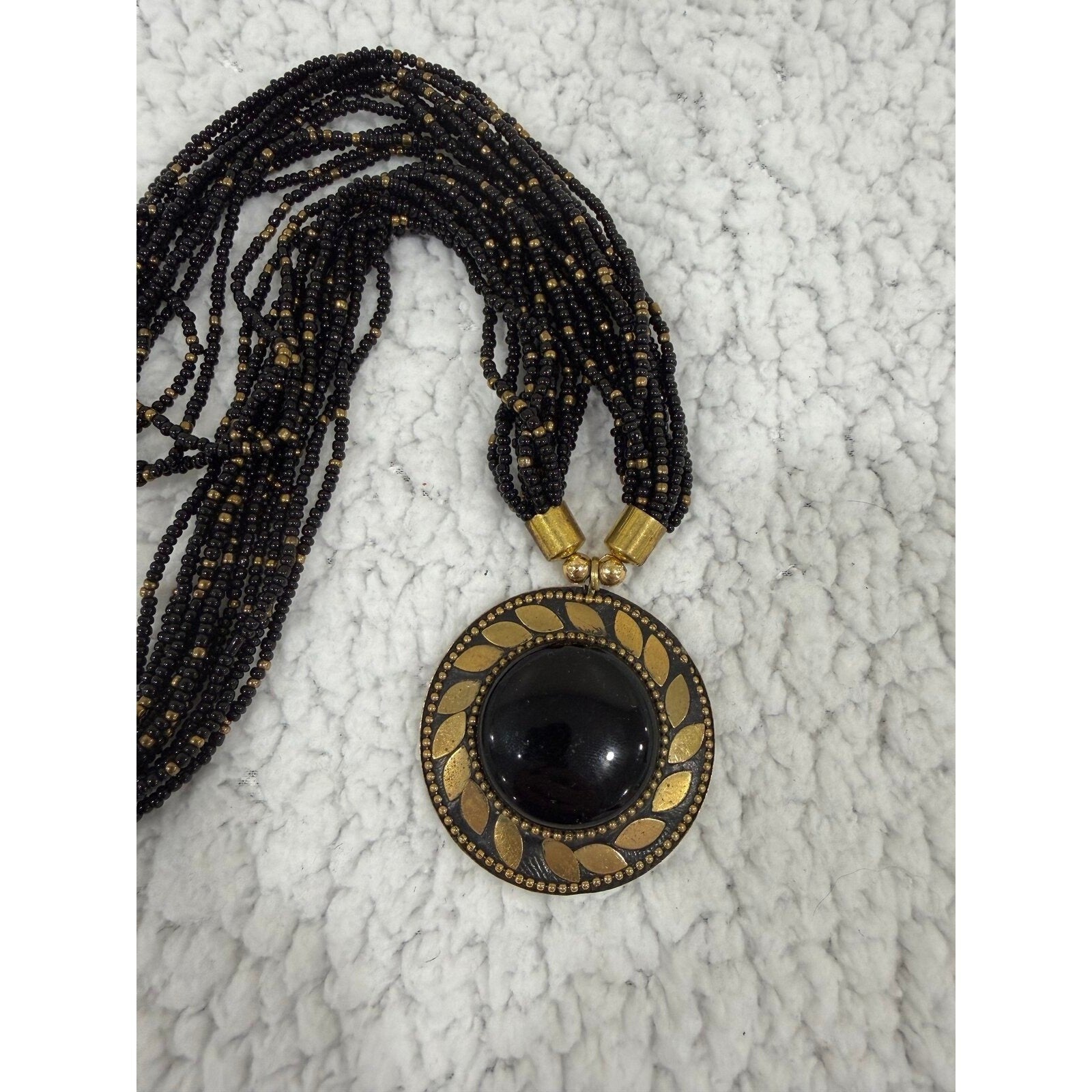 Womens OS Black Gold Multi Strand Seed Bead Statement Necklace Vintage Boho