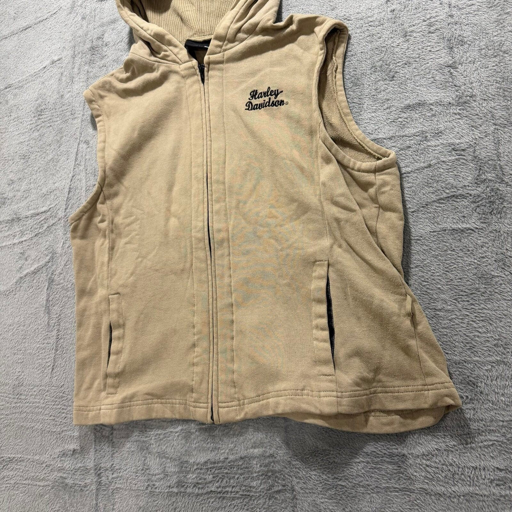 Harley Davidson XL Tan Womens Hooded Zip Up Vest Casual Vintage Biker Moto