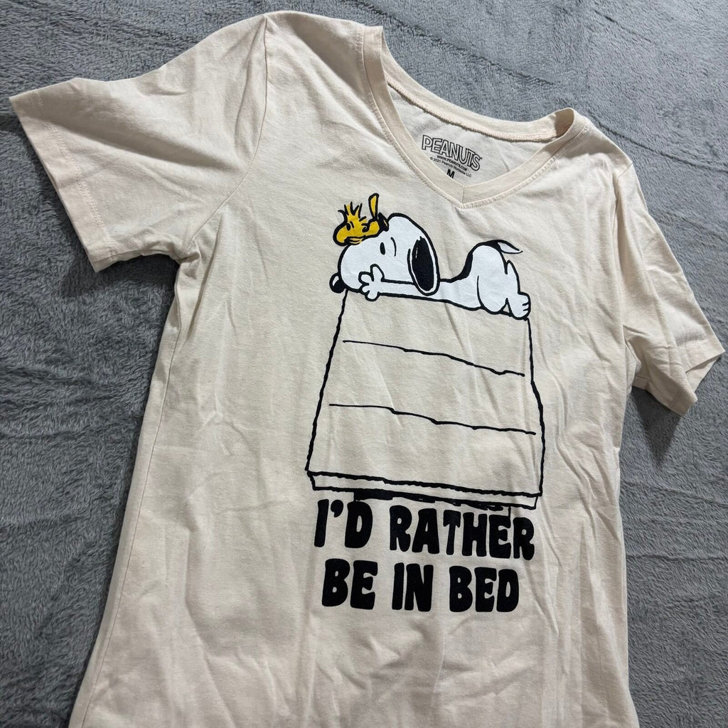 Peanuts M Cream Womens Snoopy I'd Rather Be In Bed Graphic T-Shirt Cozy Vintage