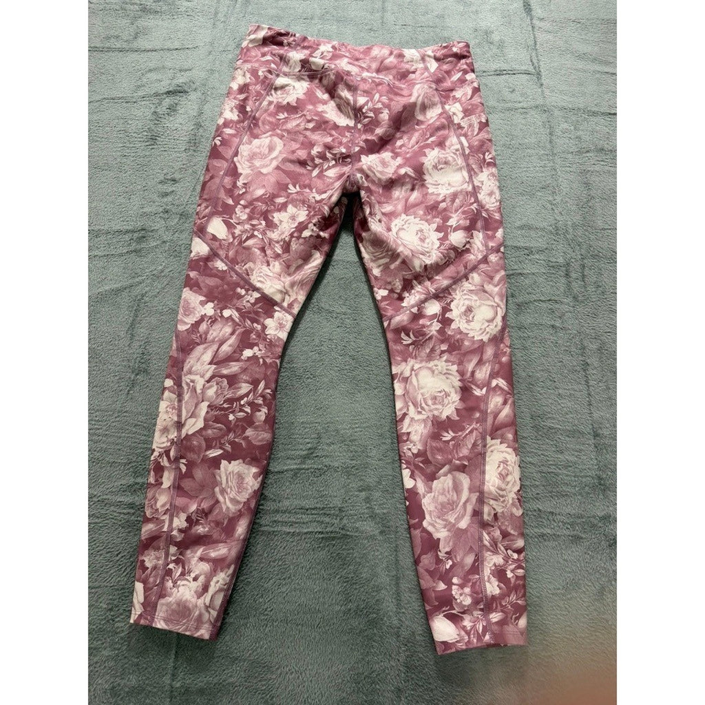 Athletic Works Womens XL Mauve Rose Floral High Waist Leggings Pockets Gym