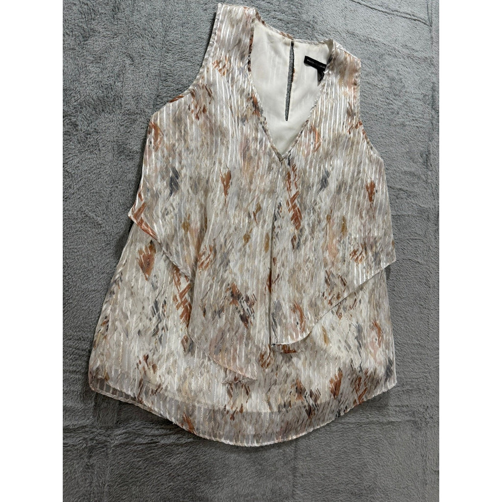 White House Black Market XS Tiered Ruffle Shell Top Metallic Stripe Abstract Tan