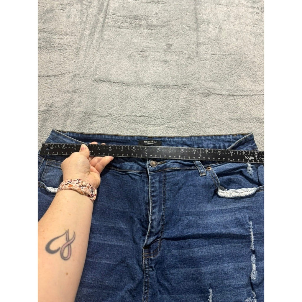 American Bazi Plus 2X Distressed Denim Shorts Medium Wash Raw Hem Stretch