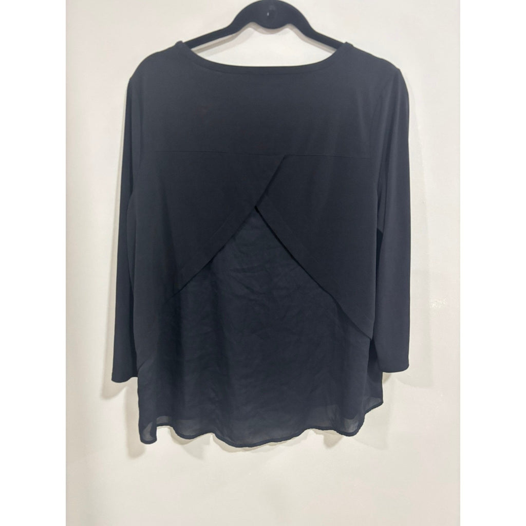 Anne Klein Black Blouse Gold Zip Shoulder Minimalist Chic Top Med Quiet Luxury