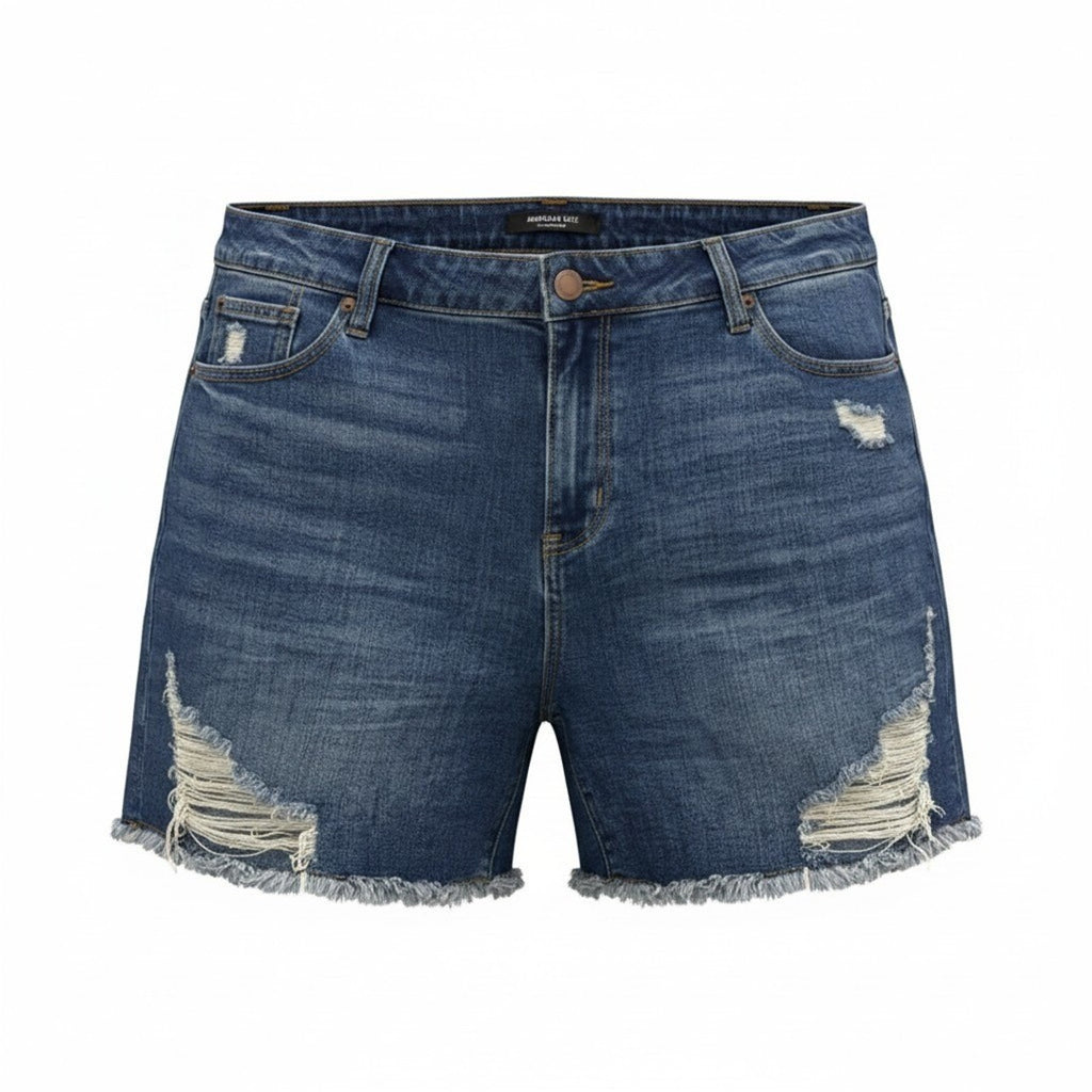 American Bazi Plus 2X Dark Wash Distressed Denim Shorts Frayed Hem Stretch