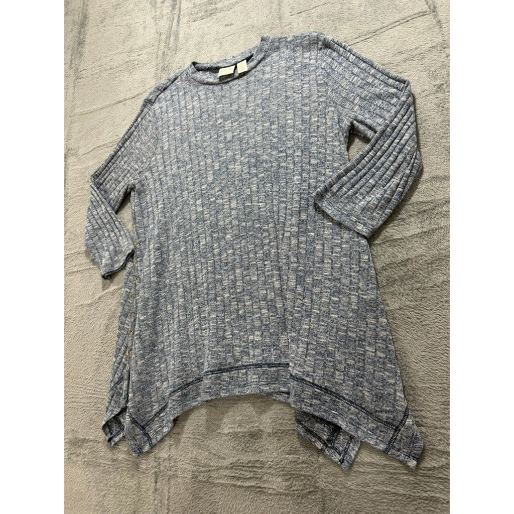 Chicos Top Womens 2 Blue Marled Knit Tunic Asymmetrical Hem Button Side