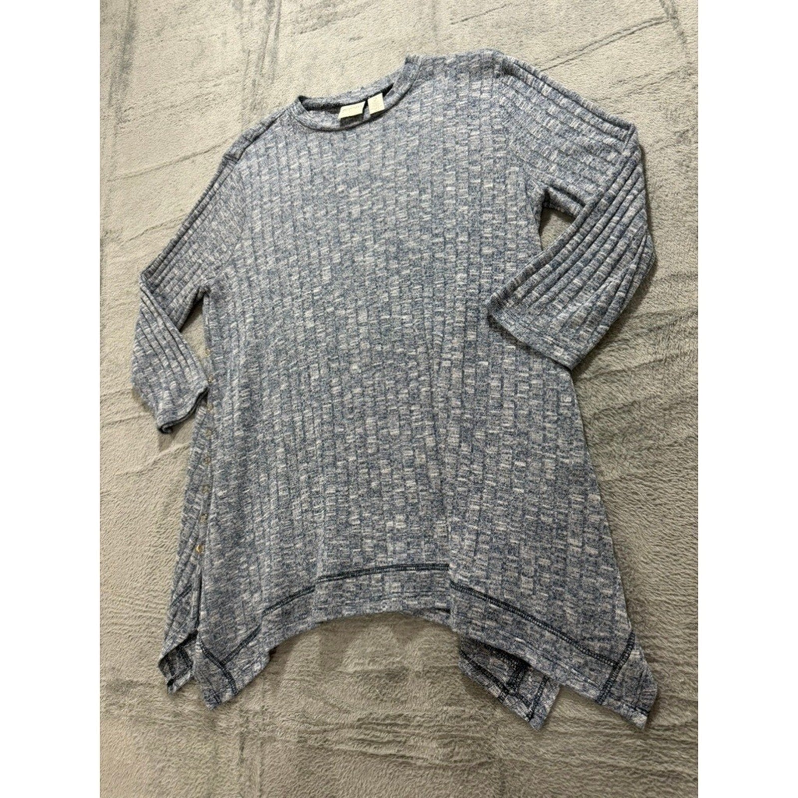 Chicos Top Womens 2 Blue Marled Knit Tunic Asymmetrical Hem Button Side