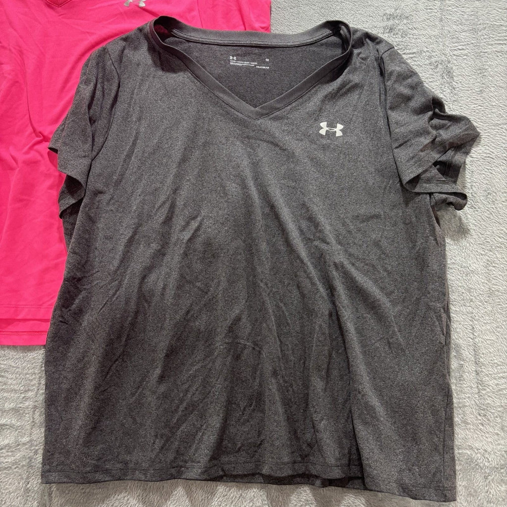 Under Armour Womens 1X Pink Gray V-Neck T-Shirt Lot 2 HeatGear Athleisure Gym