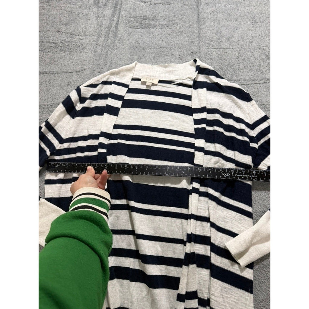 Loft Outlet Striped Cardigan Women L Navy White Open Front Coastal Preppy Career