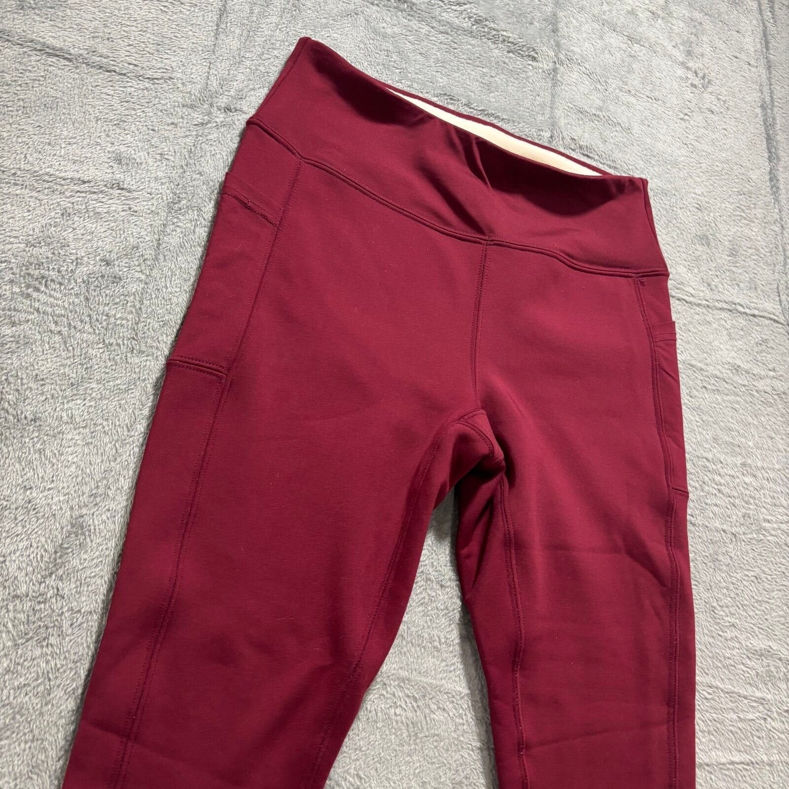 Womens L Burgundy Fleece Lined Leggings Pockets Athleisure Casual