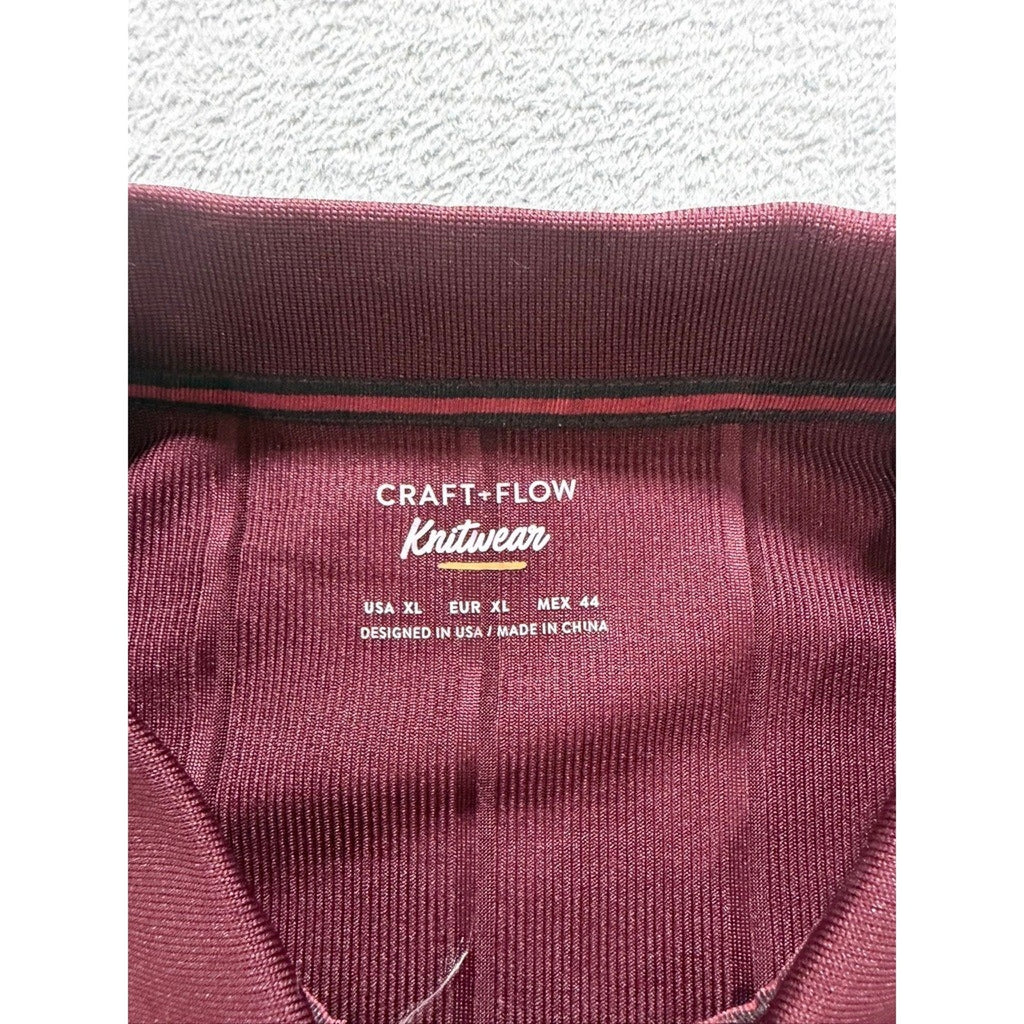 Craft Flow Knitwear Mens XL Burgundy Ribbed Quarter Zip Polo Shirt Tipped Trim