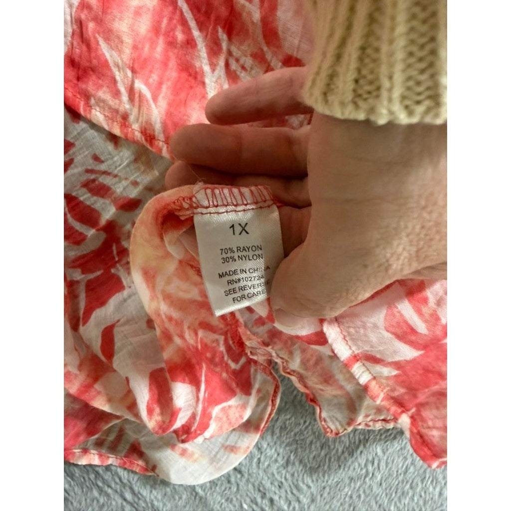 Grand & Greene Womens 1X Tropical Floral Roll Tab Sleeve High Low Blouse Orange