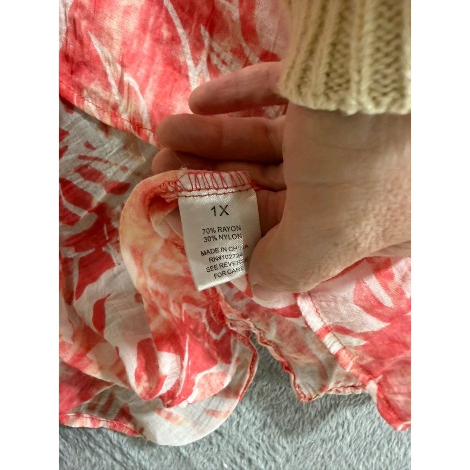 Grand & Greene Womens 1X Tropical Floral Roll Tab Sleeve High Low Blouse Orange