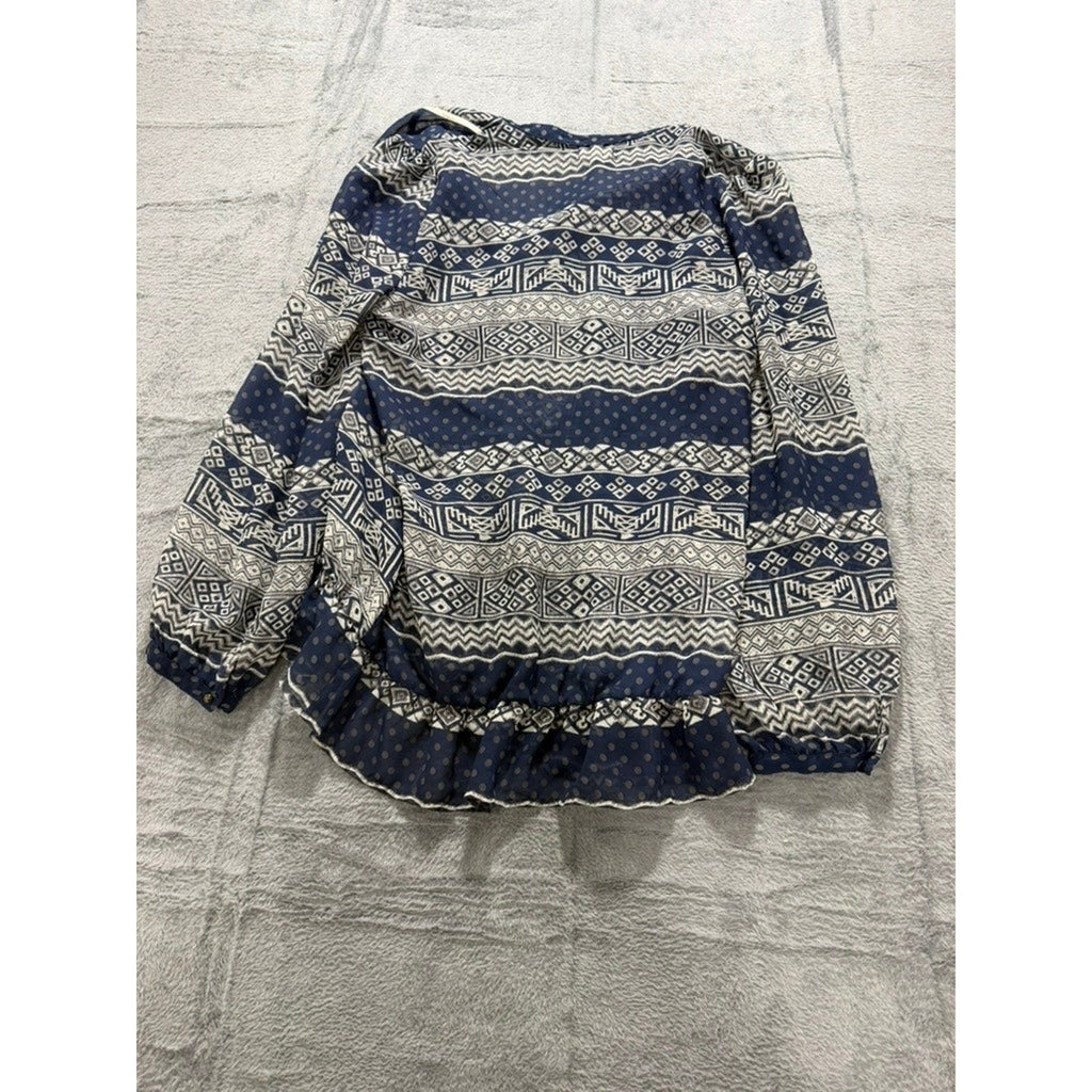 Olsenboye Boho Peplum Blouse Womens Large Blue Tribal Print Sheer Ruffle Top