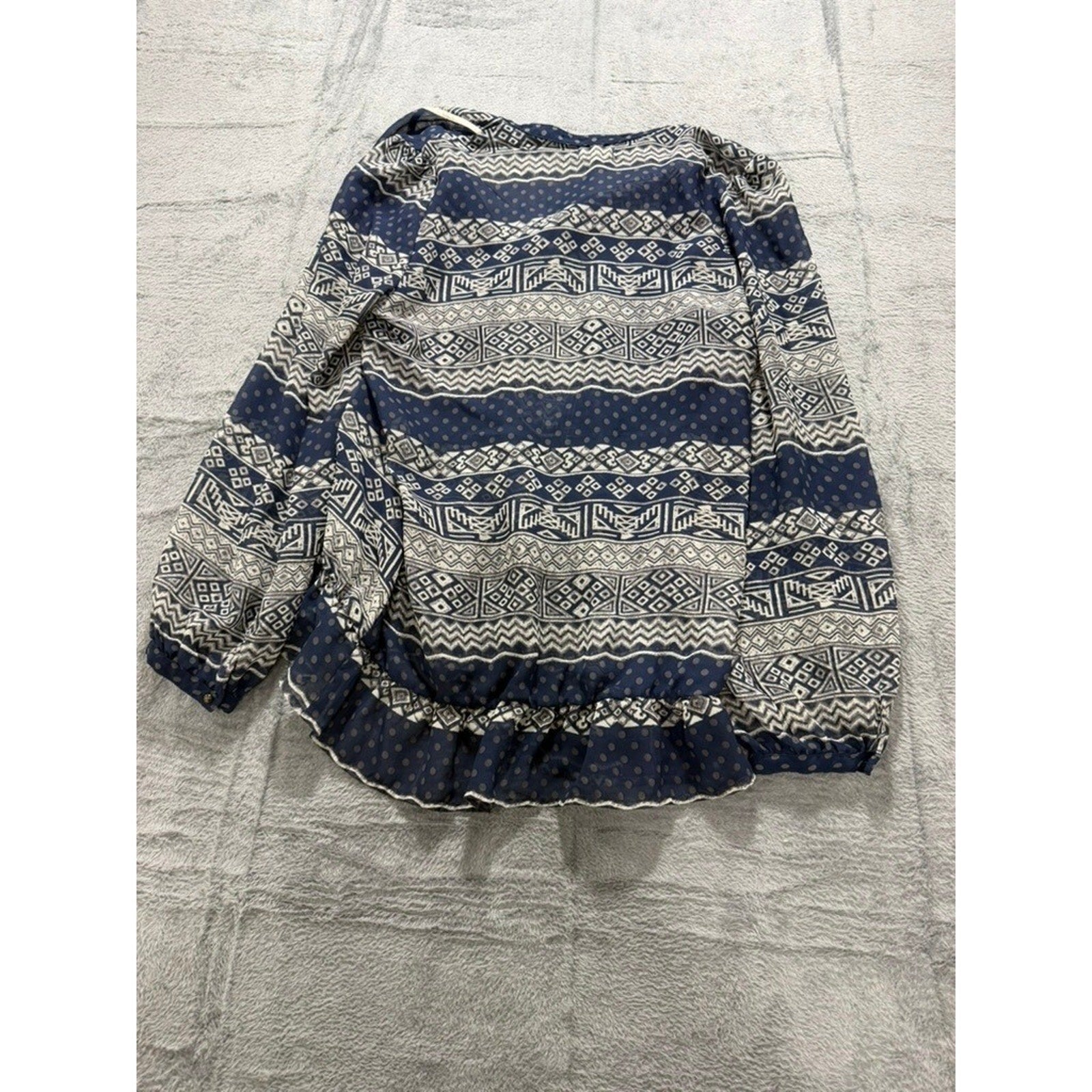 Olsenboye Boho Peplum Blouse Womens Large Blue Tribal Print Sheer Ruffle Top