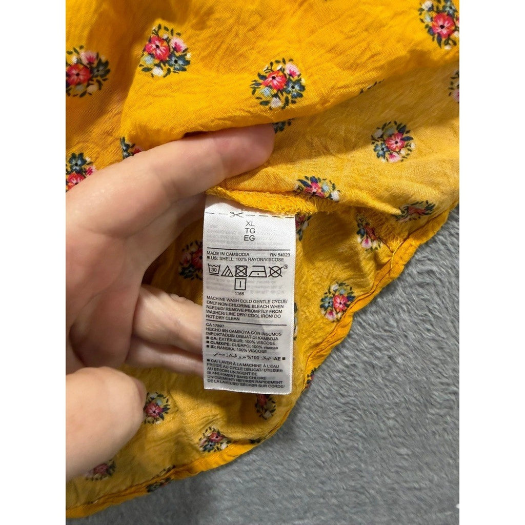 Old Navy Womens XL Mustard Yellow Floral Split Neck Tie Sleeveless Blouse Top