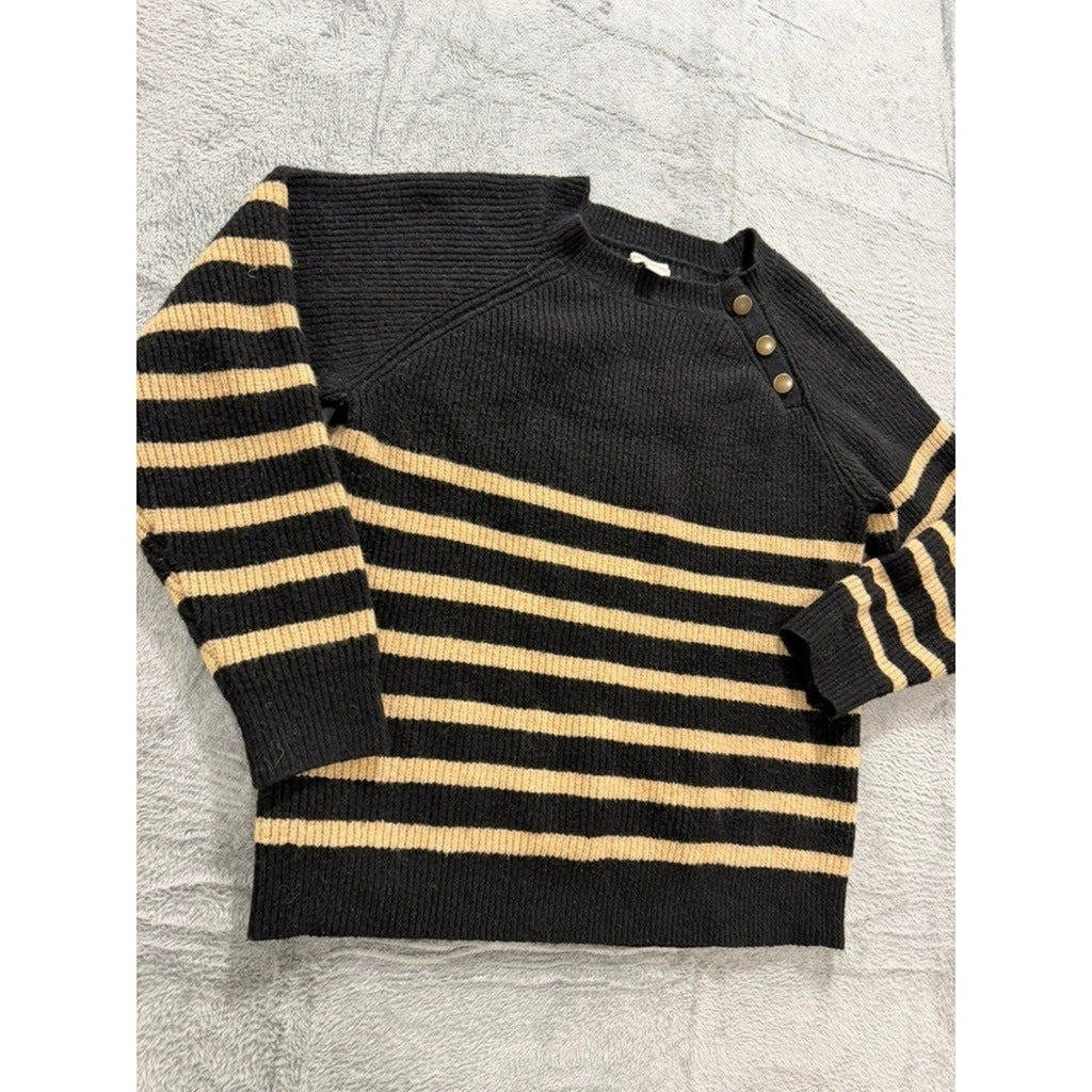 Knox Rose Sweater Womens XL Black Tan Stripe Ribbed Button Shoulder Cozy
