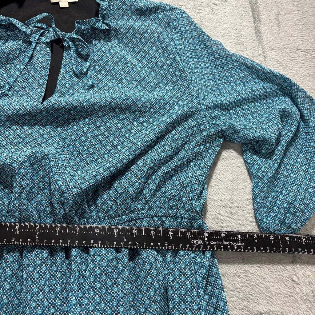 LOFT Womens XL Blue Geometric Print Ruffle Neck Midi Dress Casual Boho Preppy