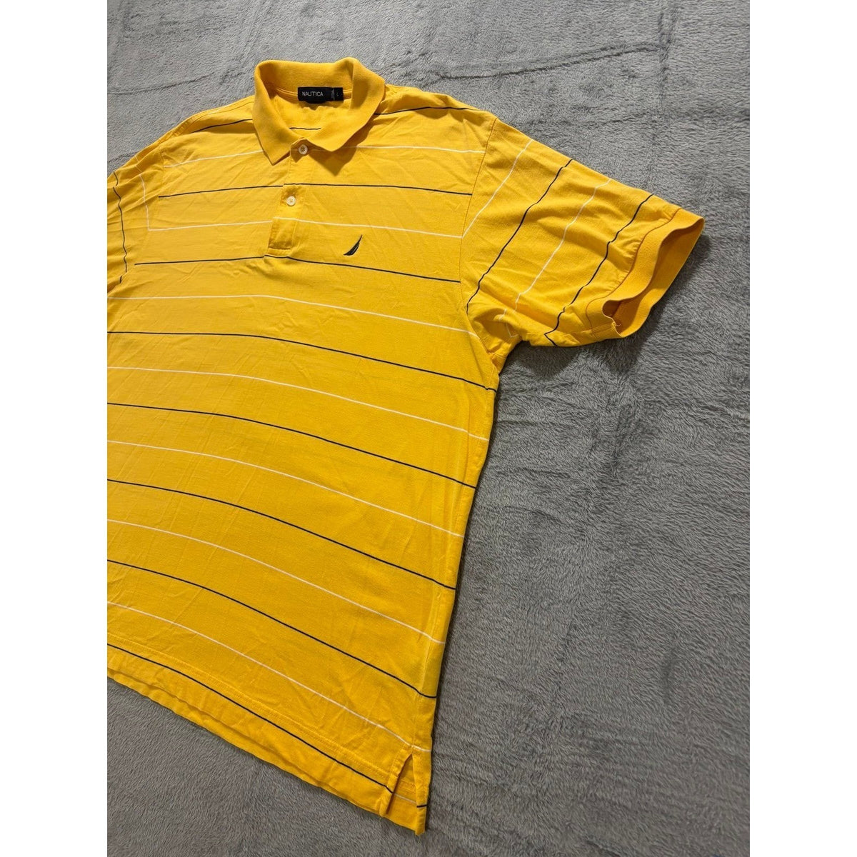 Nautica L Yellow Striped Short Sleeve Polo Shirt Mens Casual Preppy Vintage