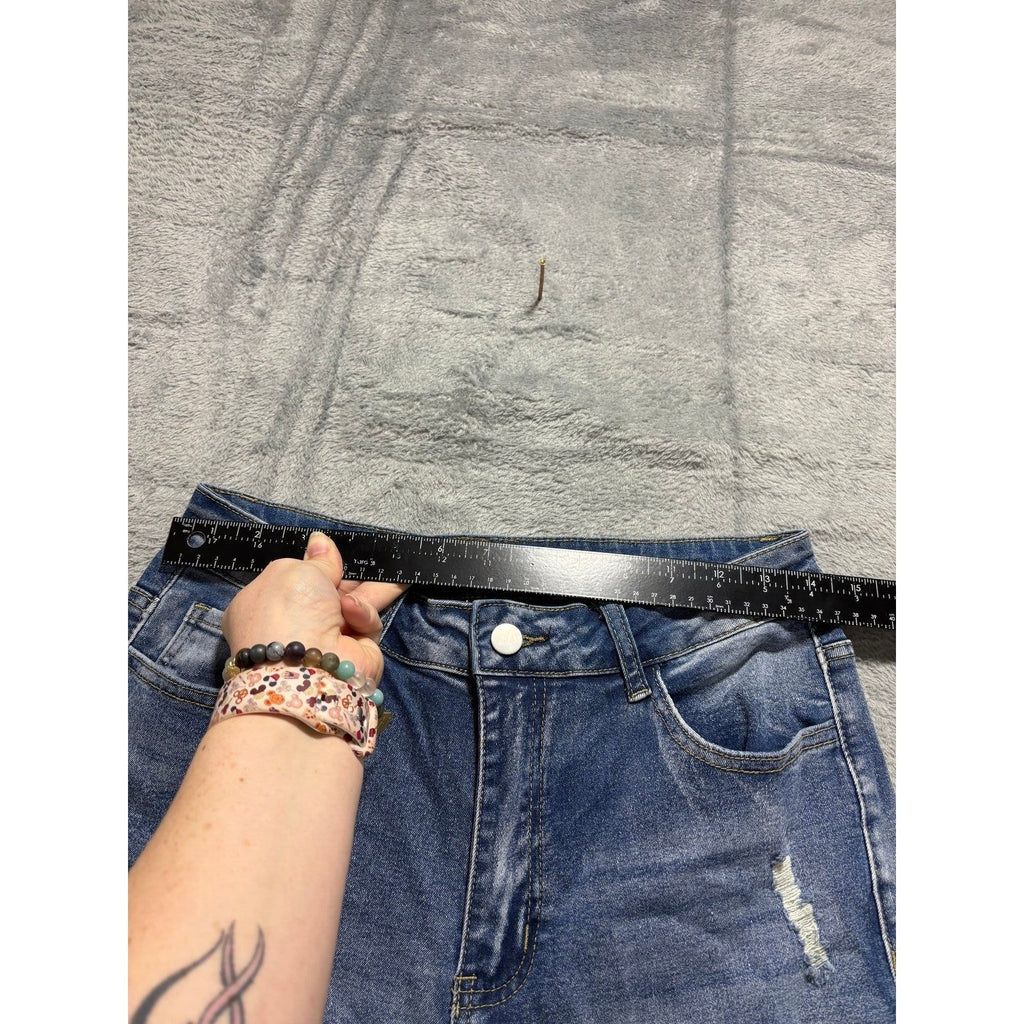 Womens L Blue Distressed Straight Leg Jeans Boho Casual Denim
