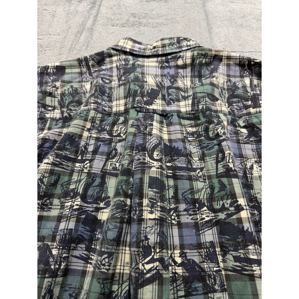 Woolrich Mens Large Blue Green Plaid Fishing Graphic Short Sleeve Button Shirt