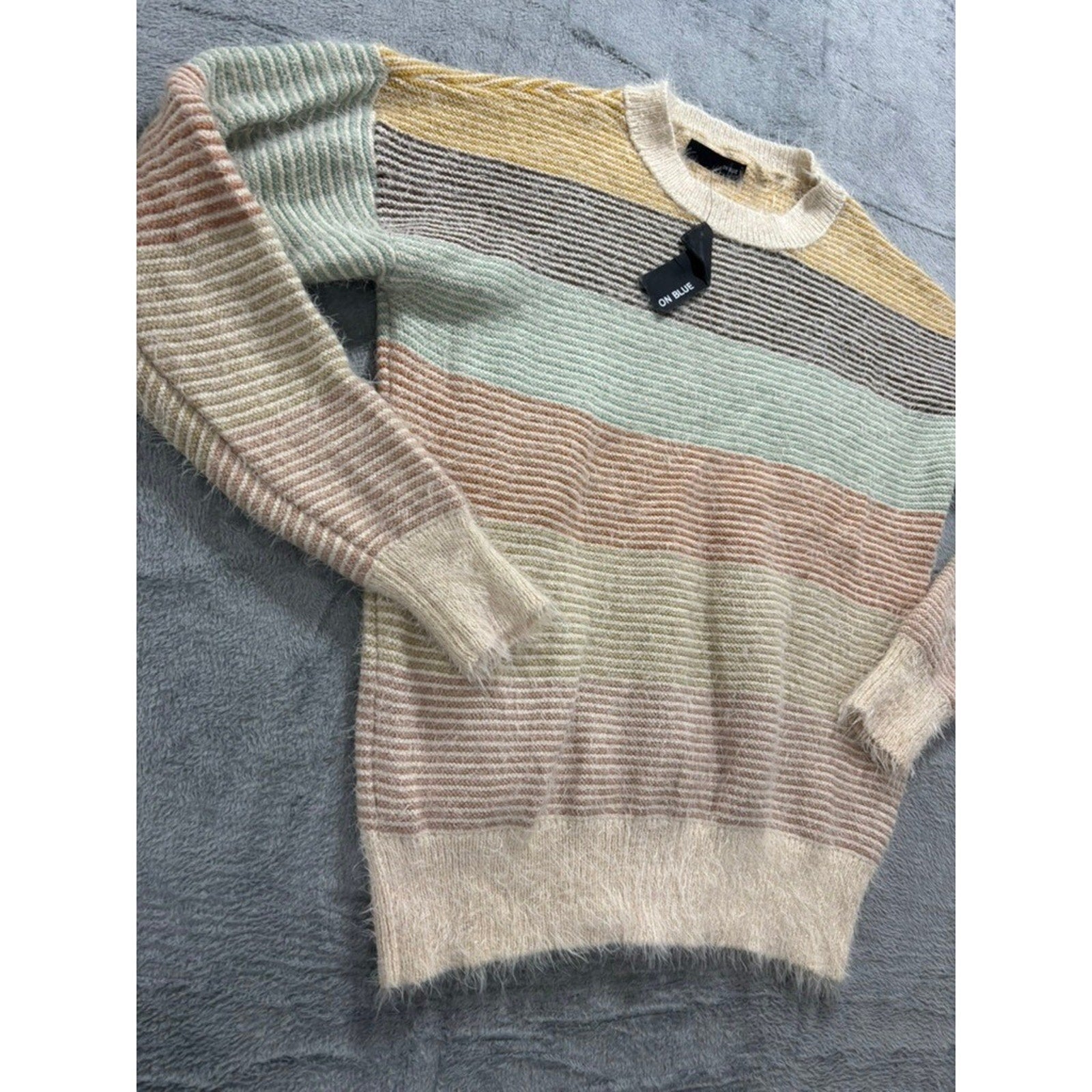 On Blue Womens Striped Eyelash Knit Sweater Multicolor Crew Neck Large Cozy