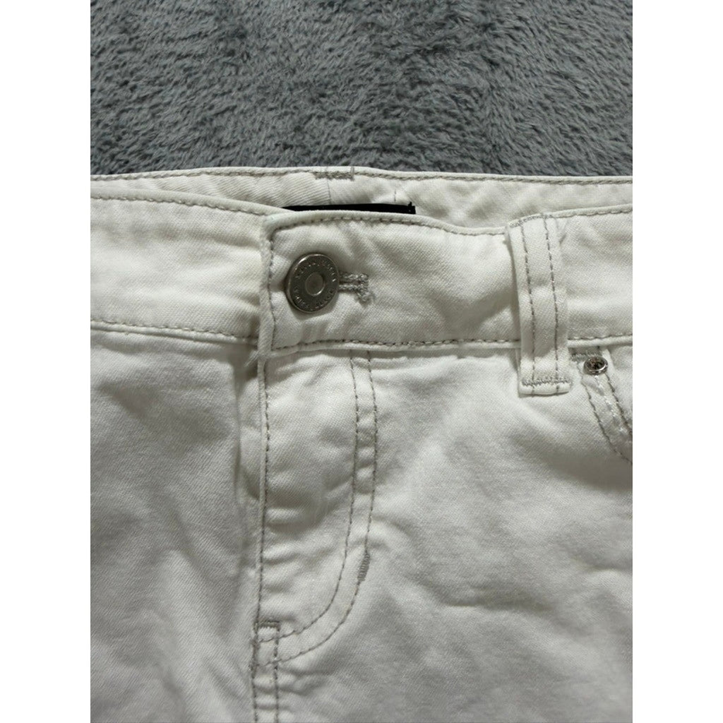White House Black Market Denim Mini Skirt Women Size 2 White Floral Stretch