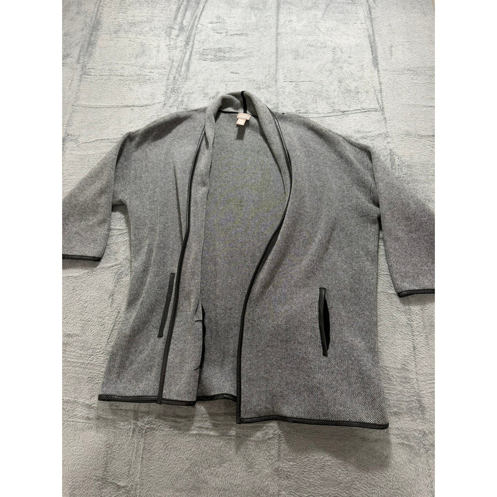 Chicos Grey Black Birds Eye Knit Open Front Cardigan Faux Leather Trim Size 2 L