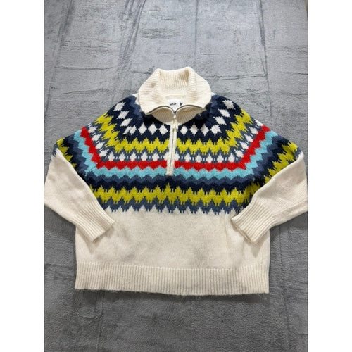Aerie Fair Isle Sweater Womens L Oversized Nordic Quarter Zip Chunky Cozy