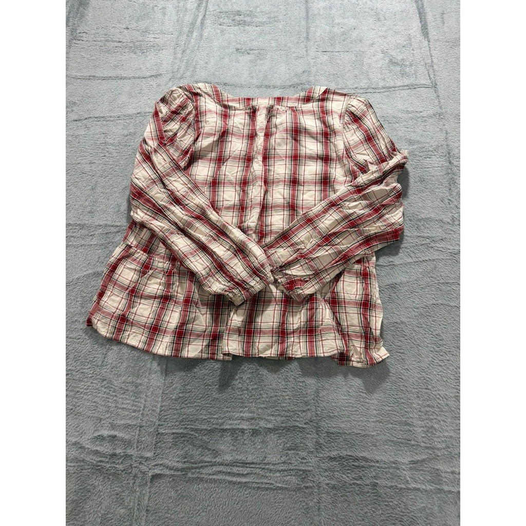 LOFT Outlet Womens Red Plaid Peplum Blouse Long Sleeve Tie Neck Rayon Top Large