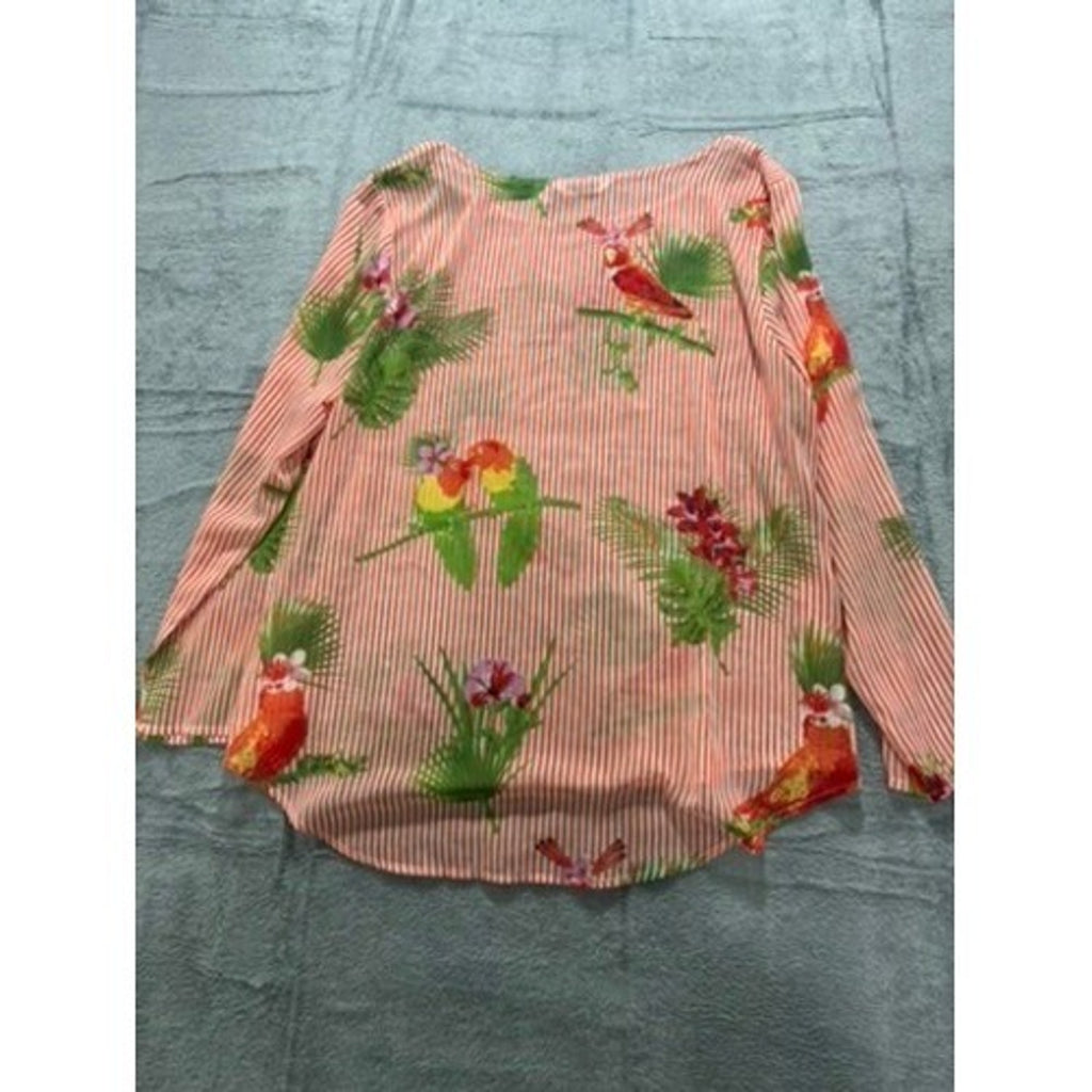 Lemon Way Blouse Womens XL Tropical Parrot Striped Long Sleeve Orange Green Top