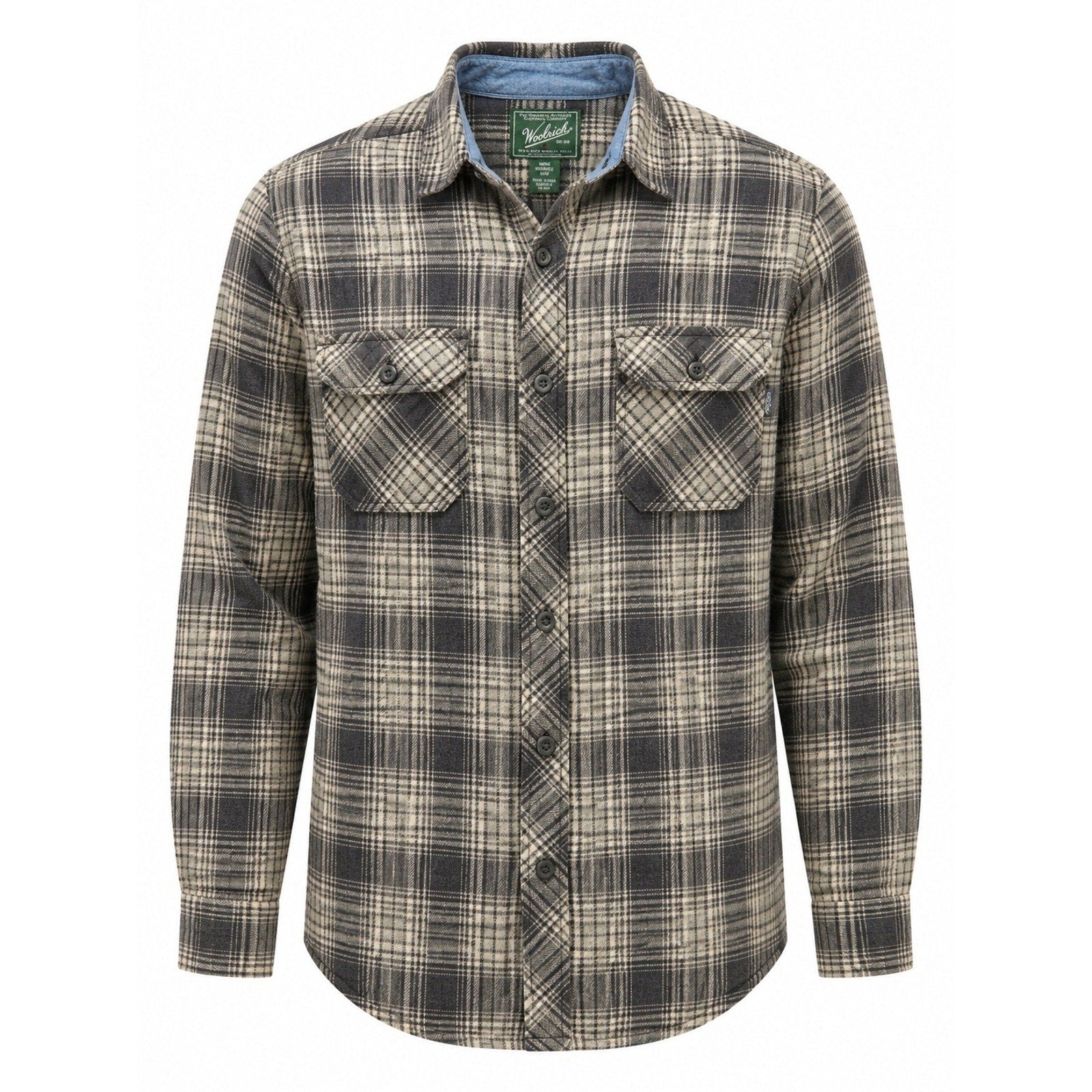 Woolrich Mens Grey Plaid Flannel Button Down Shirt Medium Long Sleeve Cotton