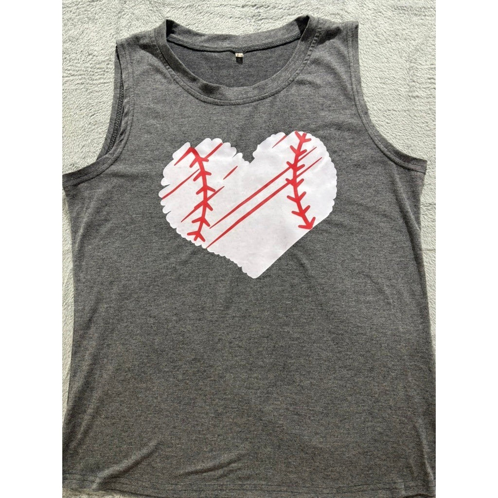 Womens L Gray Baseball Heart Graphic Muscle Tank Top Casual Athleisure Workout