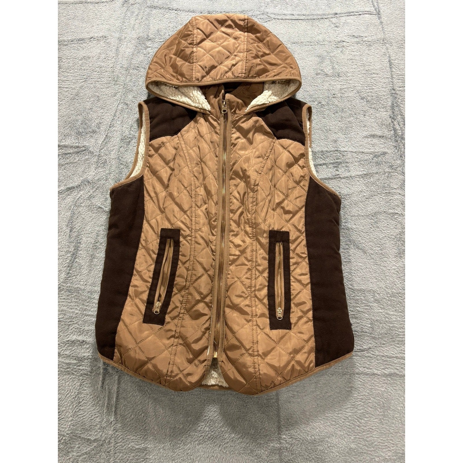 Ci Sono Quilted Vest Womens Medium Brown Hooded Sherpa Lined Zip