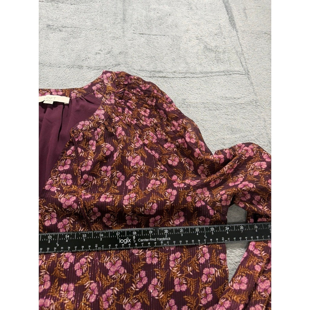 LOFT Womens XL Plum Floral Metallic Stripe Split Neck Balloon Sleeve Blouse