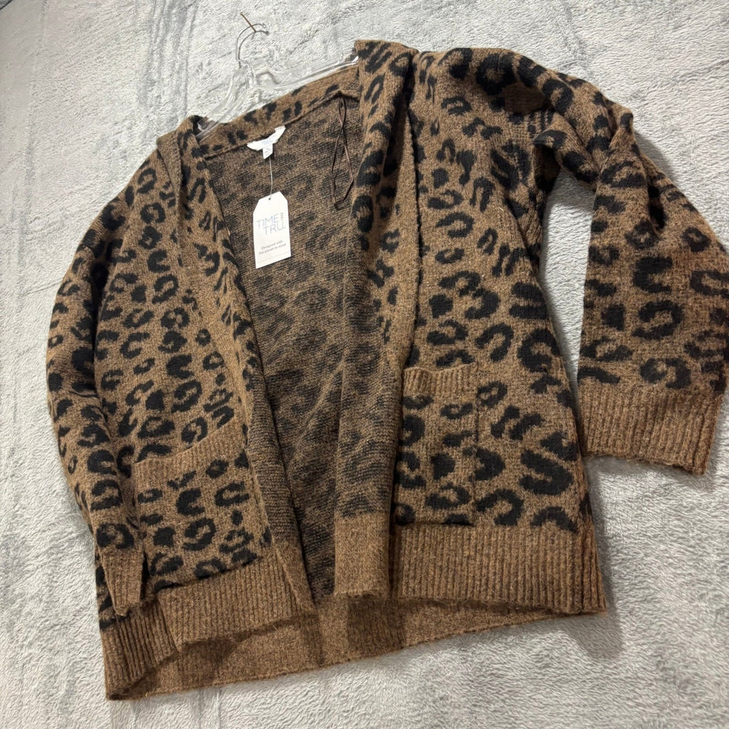 Time and Tru Womens XL Brown Leopard Fuzzy Knit Cardigan Sweater Boho Animal