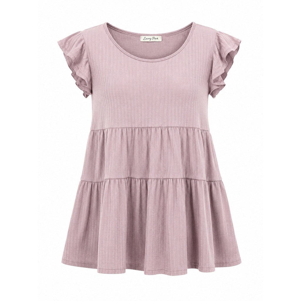 Emory Park Womens Mauve Pink Ribbed Tiered Babydoll Flutter Sleeve Top Size M
