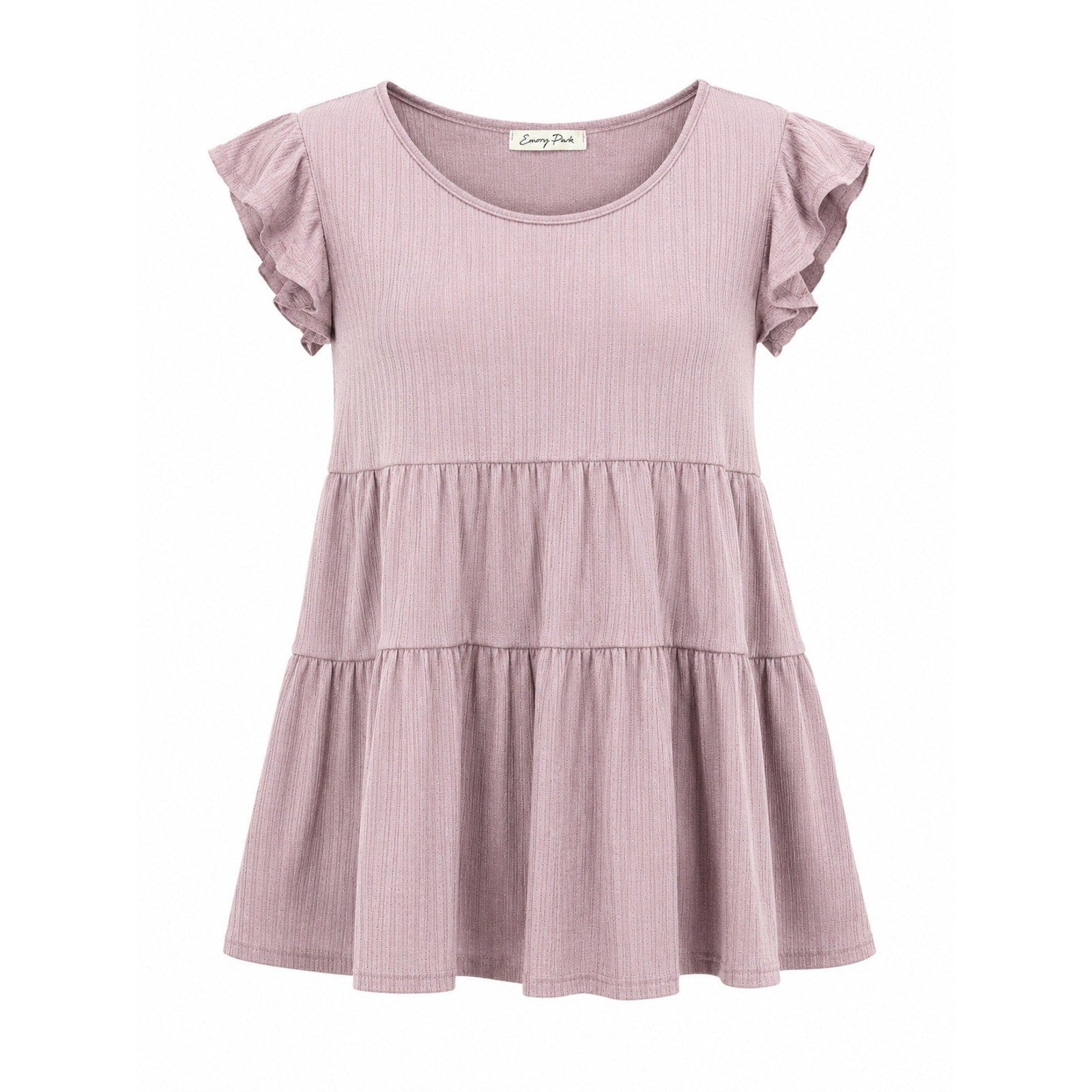 Emory Park Womens Mauve Pink Ribbed Tiered Babydoll Flutter Sleeve Top Size M